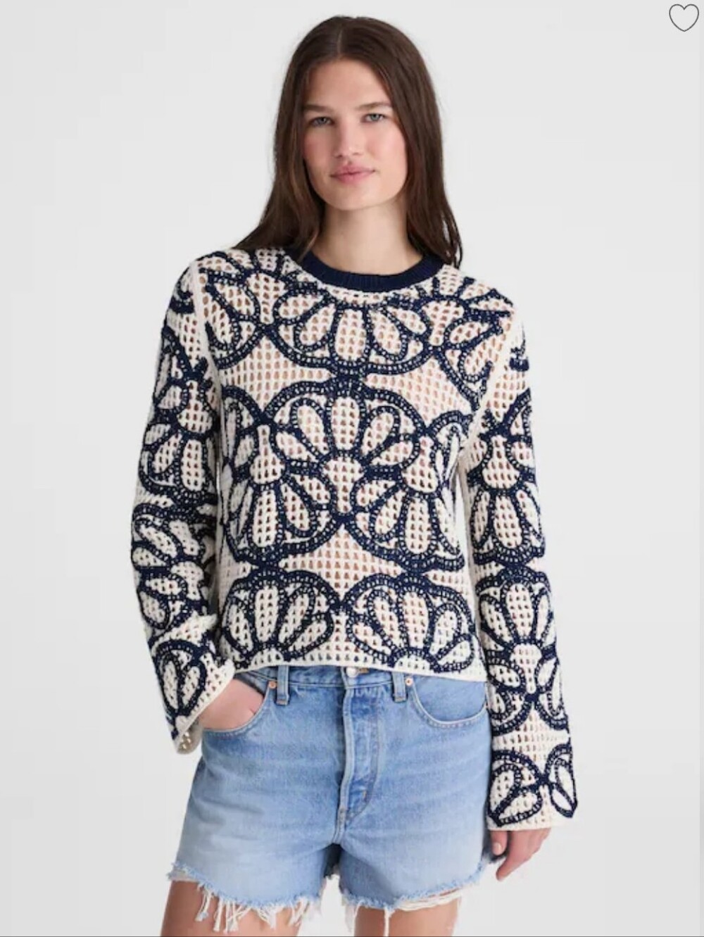 Madewell Floral-Embroidered Open-Stitch Sweater - Ivory, navy